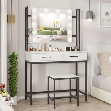 Glamorous Makeup Vanity Table Set with 3 Setting Dimmable Colors Lighted Mirror & Stool. (Various Styles to Choose From)